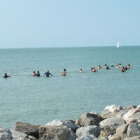 Le Crotoy et ses marcheurs dans la mer sous un beau soleil.